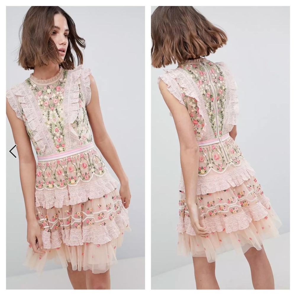 Needle & Thread High Neck Layered Mini Dress With Embroidery